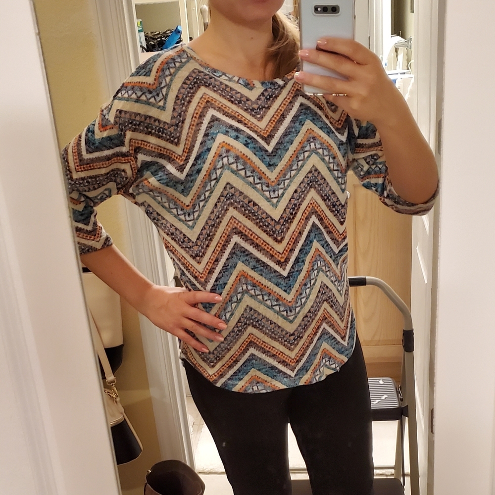 Ethnic pattern turquoise 3/4 sleeve shirt